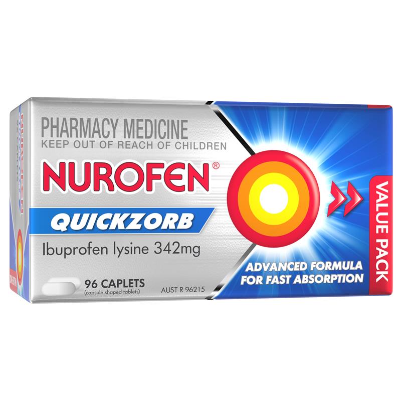 Nurofen Quickzorb Pain Relief Caplets 96 pack Ibuprofen Lysine 342mg