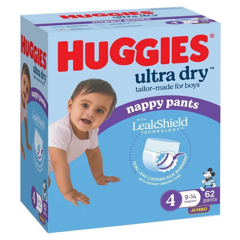 Huggies Ultra Dry Nappy Pants Boys Size 4 (9-14kg) 62 Pack