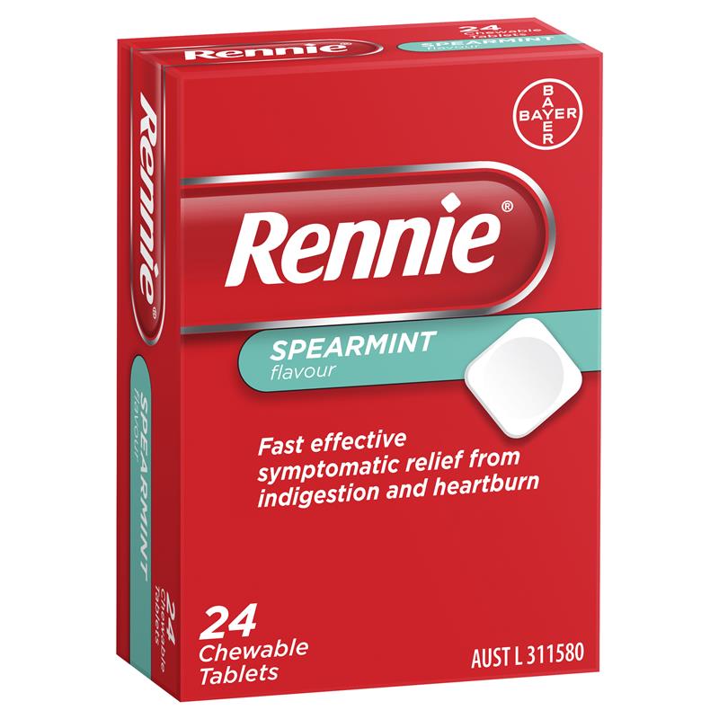 Rennie Indigestion and Heartburn Relief Spearmint 24 Chewable Tablets