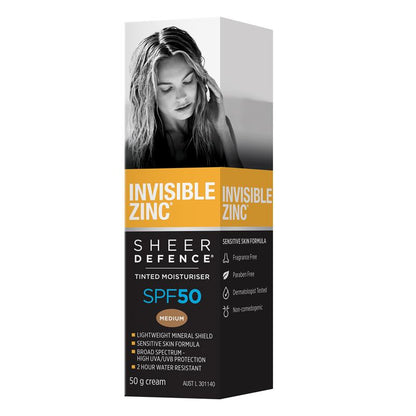 Invisible Zinc SPF 50+ Sheer Defence Tinted Moisturiser Medium 50g