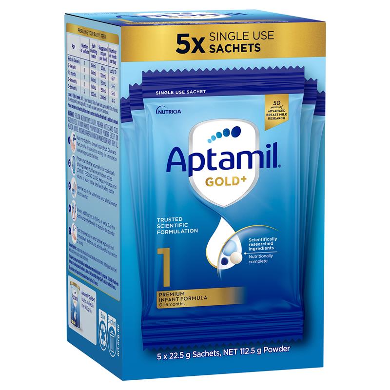 Aptamil Gold+ 1 Baby Infant Formula Powder Sachets From Birth to 6 Months 5 Pack 22.5g