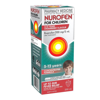Nurofen For Children 5-12yrs Pain and Fever Relief Concentrated Liquid 200mg/5mL Ibuprofen Strawberry 200mL