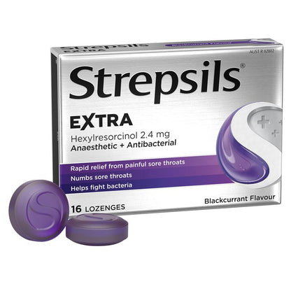 Strepsils Extra Blackcurrant Sore Throat Pain Relief with Anaesthetic Lozenges 16 Pack