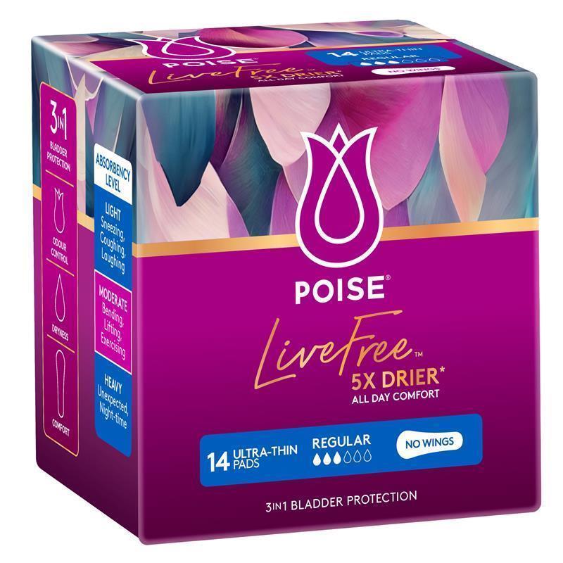 Poise LiveFree Incontinence Pads Regular No Wings 14 Pack