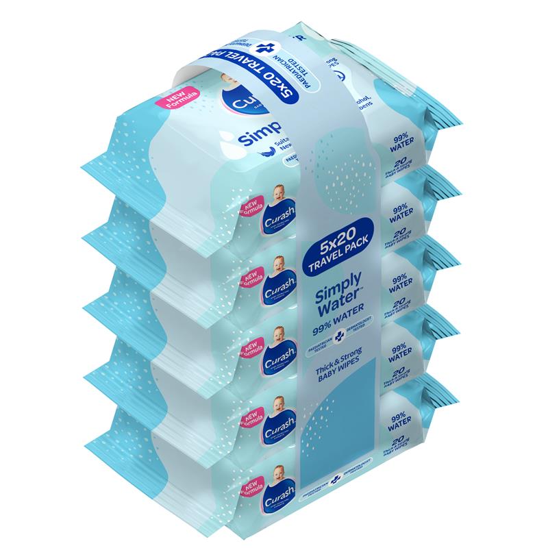 Curash Baby Travel Water Wipes 5 x 20 Pack