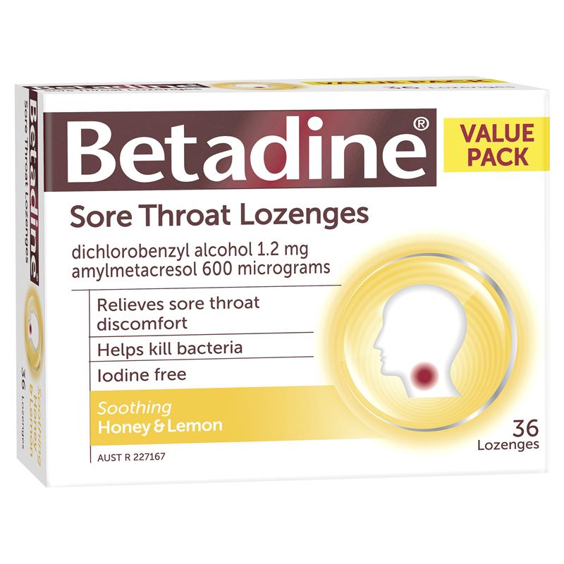 Betadine Sore Throat Lozenges Soothing Honey & Lemon Flavour 36 Pack