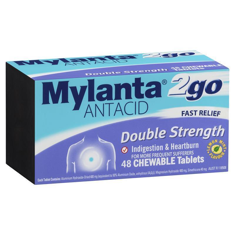 Mylanta 2Go Antacid Double Strength Tablets Lemon Mint 48 Pack