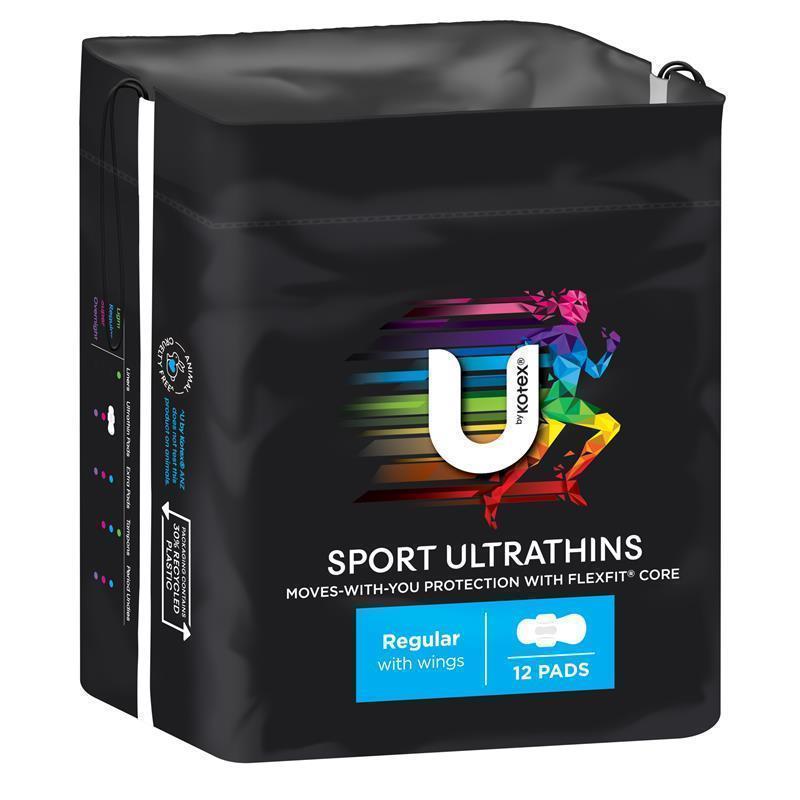 U by Kotex Sport Ultrathins Pads Regular Wing 12 Pack