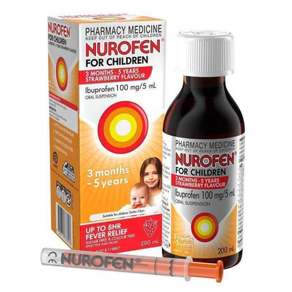 Nurofen For Children 3 months - 5 years Pain and Fever Relief 100mg/5mL Ibuprofen Strawberry 200mL