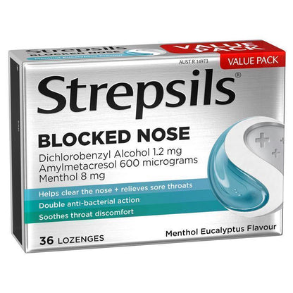 Strepsils Plus Blocked Nose Relief Throat Lozenges Menthol Eucalyptus 36 Pack