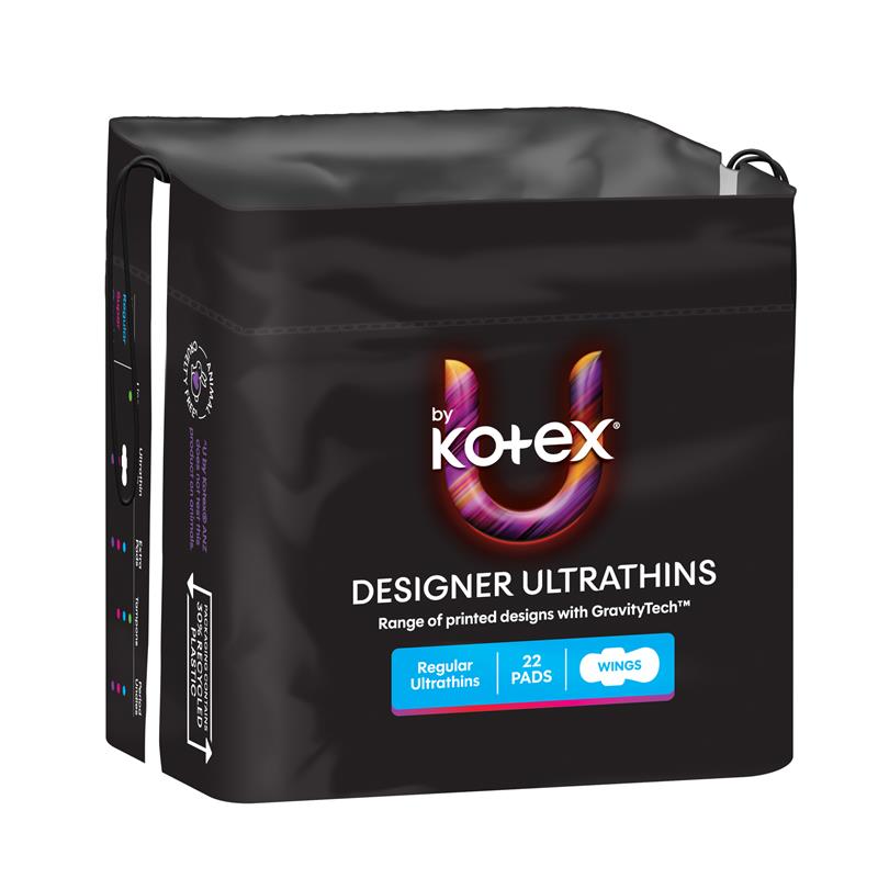 U by Kotex Designer Ultrathin Pads Regular with Wings 22 Pack