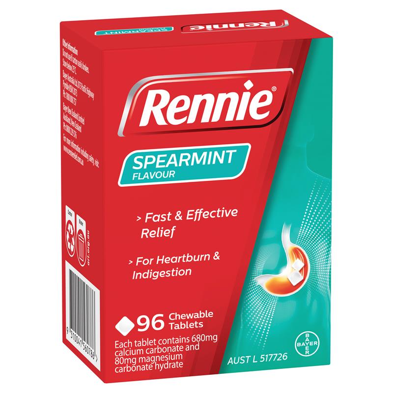 Rennie Indigestion and Heartburn Relief Spearmint 96 Chewable Tablets