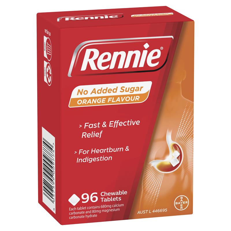 Rennie No Added Sugar Indigestion and Heartburn Relief Orange 96 Chewable Tablets