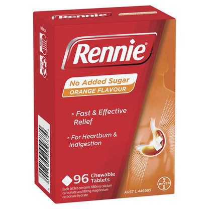 Rennie No Added Sugar Indigestion and Heartburn Relief Orange 96 Chewable Tablets