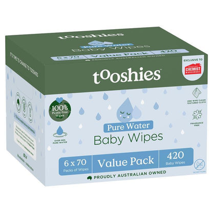 Tooshies Baby Wipes Pure Water 6 x 70 Pack