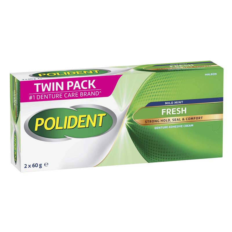 Polident Denture Adhesive Cream Fresh Mint 2x60g Pack Exclusive Size