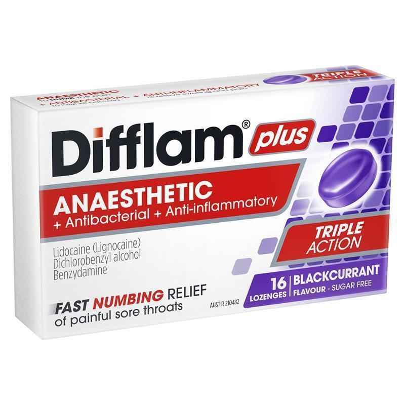 Difflam Plus Anaesthetic Sugar Free Blackcurrant 16 Lozenges