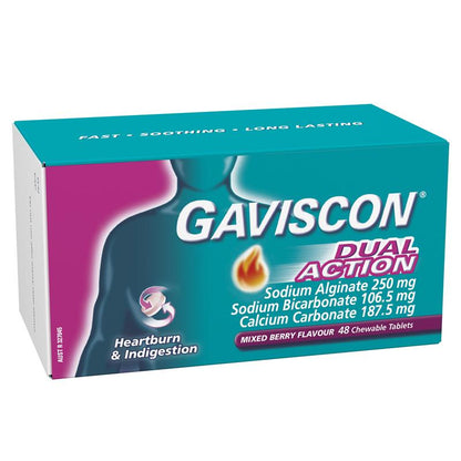 Gaviscon Dual Action Chewable Tablets Heartburn and Indigestion Relief Mixed Berry 48 Pack