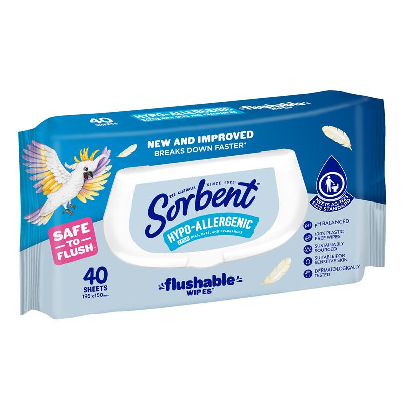 Sorbent Flushable Wipes Hypo Allergenic 40 Pack