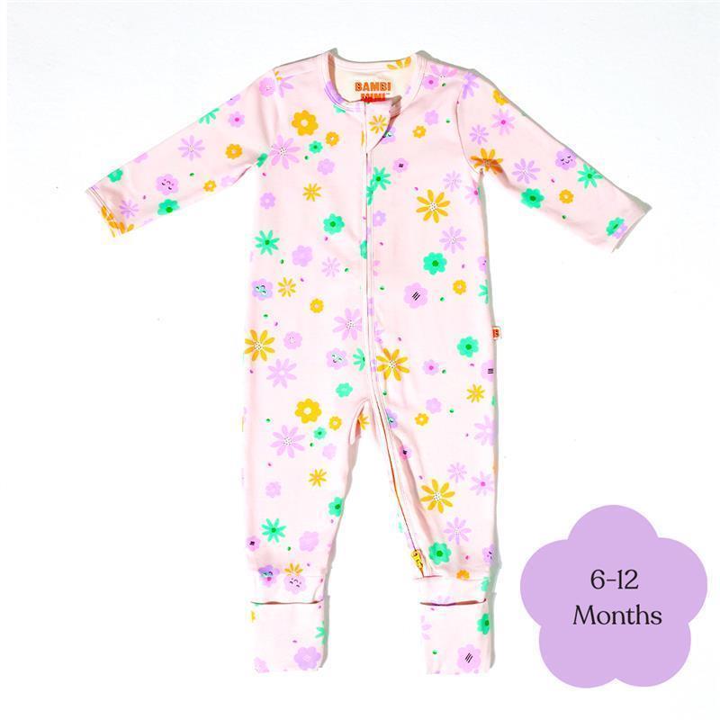 Bambi Mini Co. Wrigglesuit Girls Pink Neon Floral 6-12 With Grippy Feet