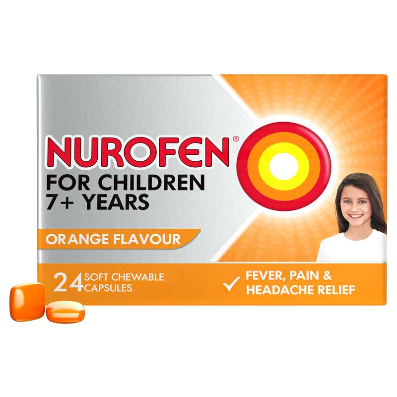 Nurofen For Children 7+ Pain and Fever Relief Chewable Capsules 100mg Ibuprofen Orange 24 pack