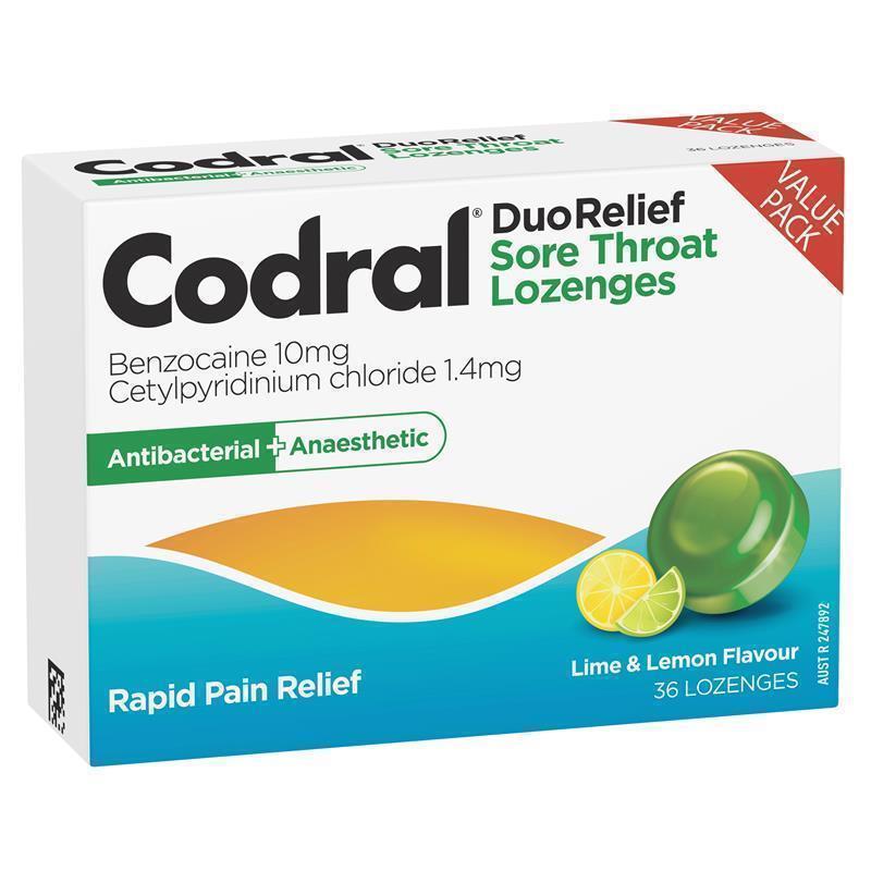 Codral Sore Throat Lozenges Antibacterial + Anaesthetic Lime & Lemon 36 Pack