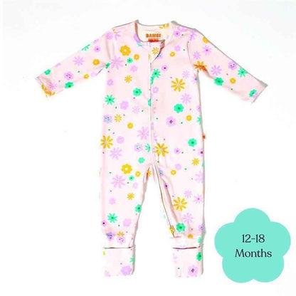 Bambi Mini Co. Wrigglesuit Girls Pink Neon Floral 12-18 With Grippy Feet