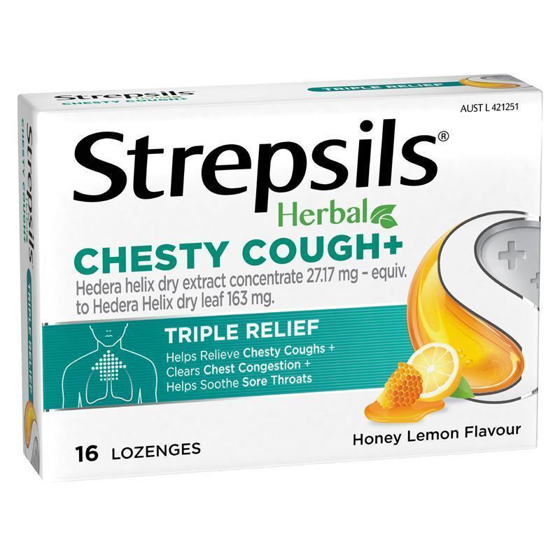 Strepsils Herbal Chesty Cough+ Lozenges Honey Lemon 16 Pack