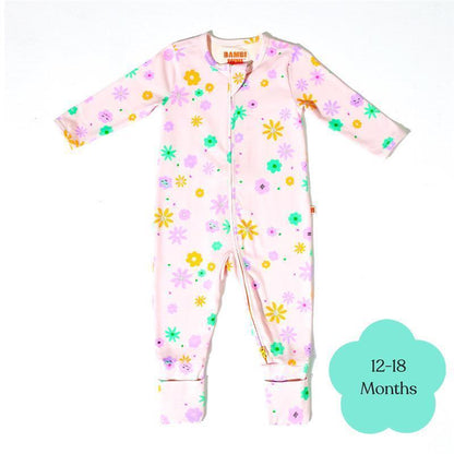 Bambi Mini Co. Wrigglesuit Girls Pink Neon Floral 12-18 With Grippy Feet