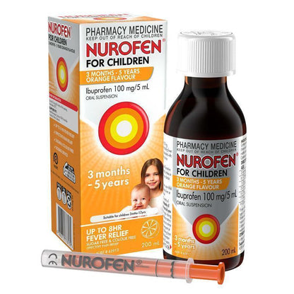 Nurofen For Children 3 months - 5 years Pain and Fever Relief 100mg/5mL Ibuprofen Orange 200mL