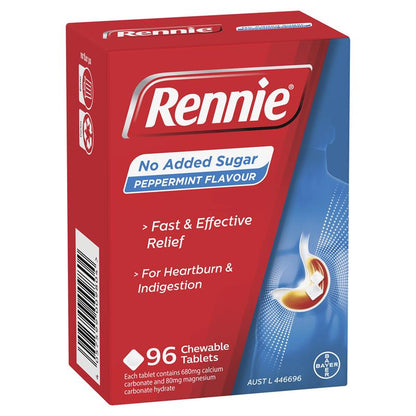 Rennie No Added Sugar Indigestion and Heartburn Relief Peppermint 96 Chewable Tablets