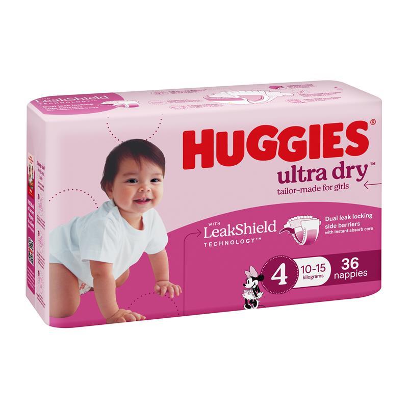 Huggies Ultra Dry Nappies Girls Size 4 (10-15kg) 36 Pack