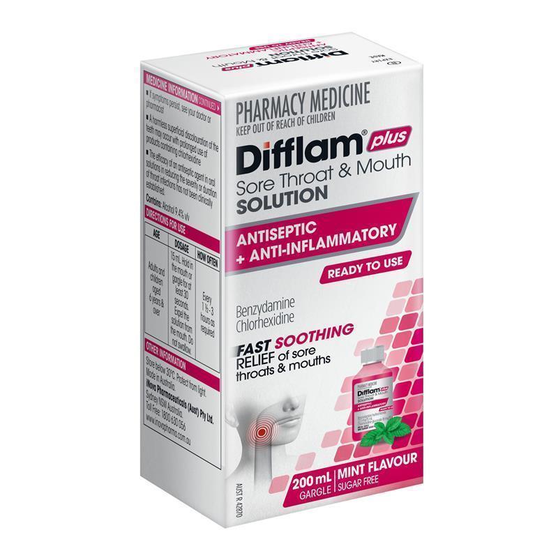 Difflam Plus Sore Throat & Mouth Solution Mint 200ml