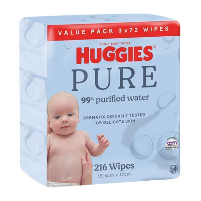 Huggies PURE 99% Purified Water Baby Wipes 216 Pack