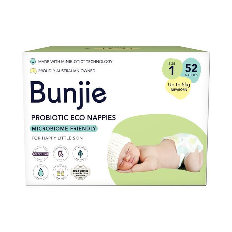 Bunjie Probiotic Eco Nappies Size 1, Up to 5kg, 52 Pack