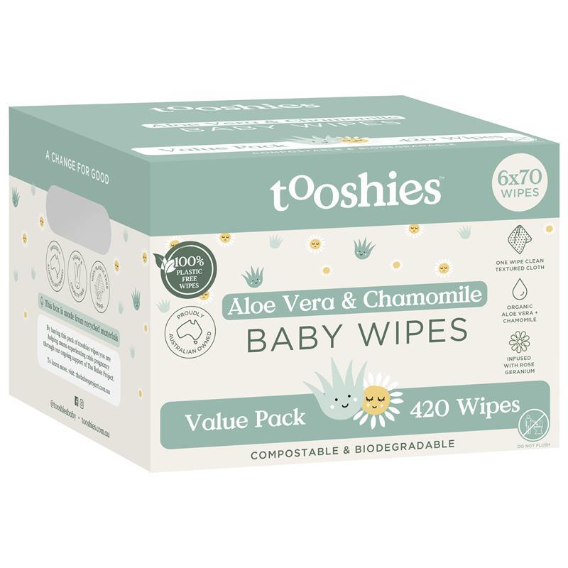 Tooshies Baby Wipes Aloe Vera and Chamomile 6 x 70 Pack