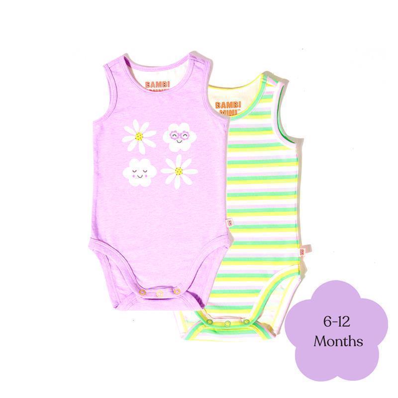 Bambi Mini Co. Supersinglet Bodysuit Girls Purple Flowers and Candy Stripe 2 pack 6-12