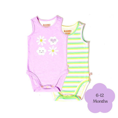 Bambi Mini Co. Supersinglet Bodysuit Girls Purple Flowers and Candy Stripe 2 pack 6-12