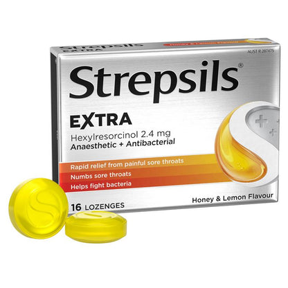Strepsils Extra Honey Lemon Lozenges 16pk Fast Numbing Sore Throat Pain Relief with Anaesthetic