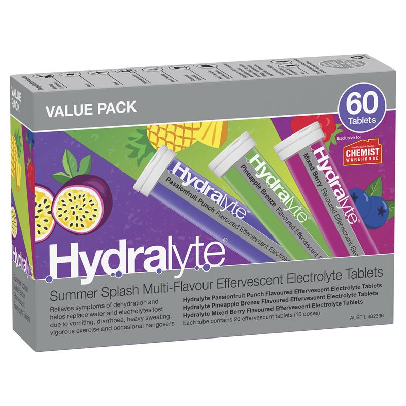 Hydralyte Electrolyte Effervescent Summer Splash Multi Flavour 60 Tablets