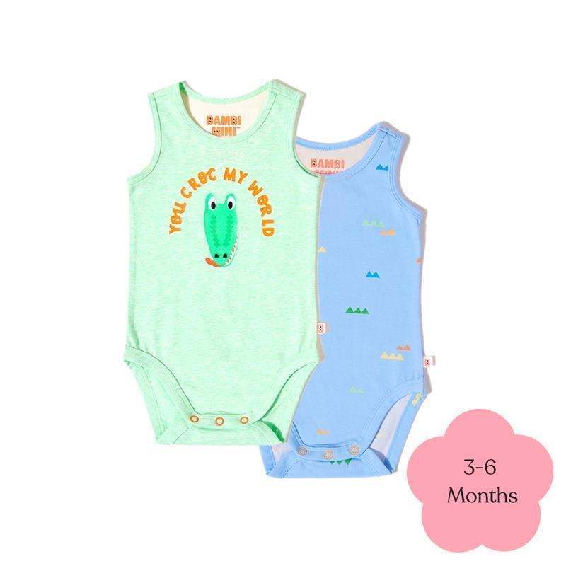 Bambi Mini Co. Supersinglet Bodysuit Boys Green Croc and Triangles 2 pack 3-6