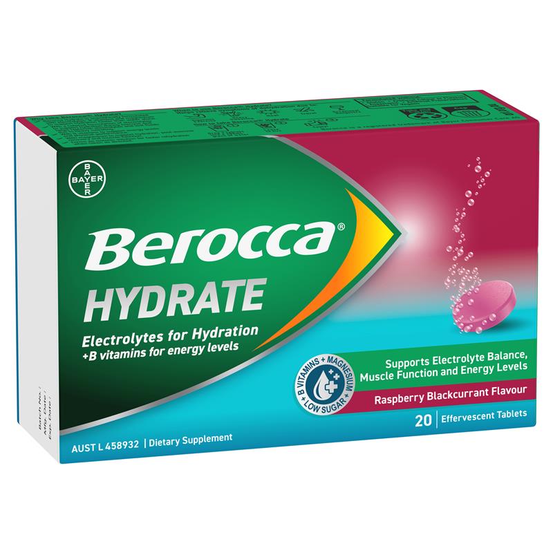 Berocca Hydrate Raspberry Blackcurrant 20 Effervescent Tablets - GimmeNow