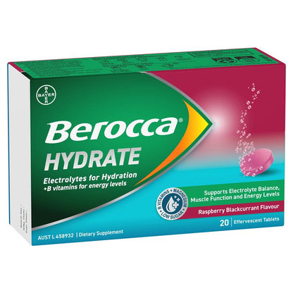 Berocca Hydrate Raspberry Blackcurrant 20 Effervescent Tablets - GimmeNow