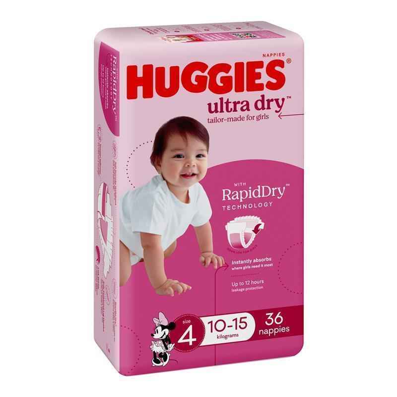 Huggies Ultra Dry Nappies Size 4 Girl 10-15kg Bulk 36 Pack