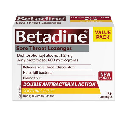 Betadine Sore Throat Lozenges Soothing Honey & Lemon Flavour 36 Pack