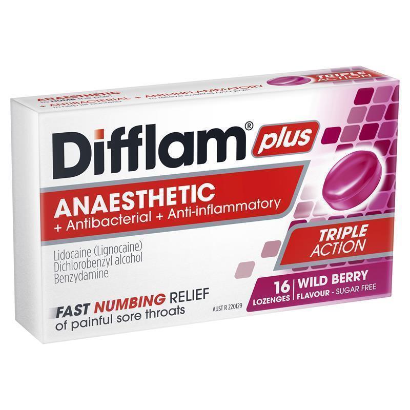 Difflam Plus Anaesthetic Sugar Free Wild Berry 16 Lozenges