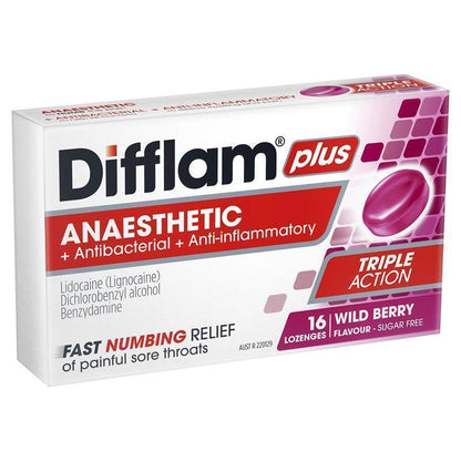 Difflam Plus Anaesthetic Sugar Free Wild Berry 16 Lozenges