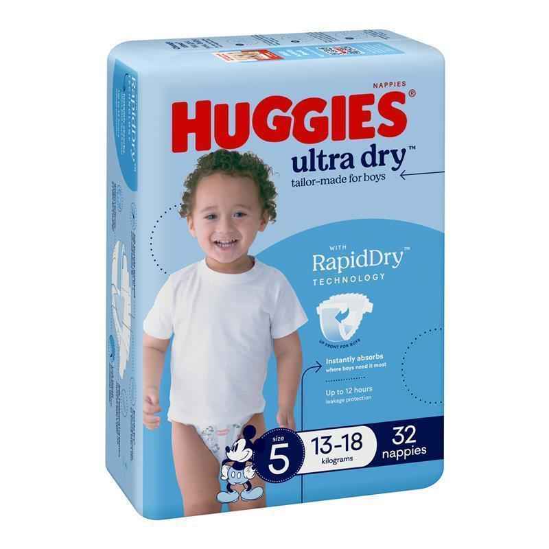 Huggies Ultra Dry Nappies Size 5 Boy 13-18kg Bulk 32 Pack