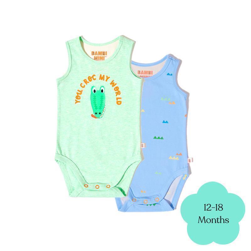 Bambi Mini Co. Supersinglet Bodysuit Boys Green Croc and Triangles 2 pack 12-18