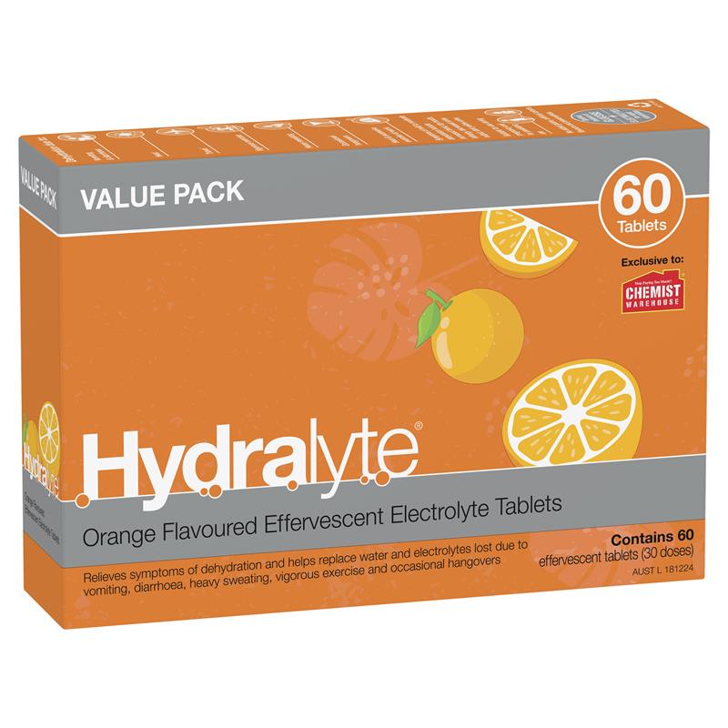 Hydralyte Electrolyte Effervescent Orange 60 Tablets Exclusive Size
